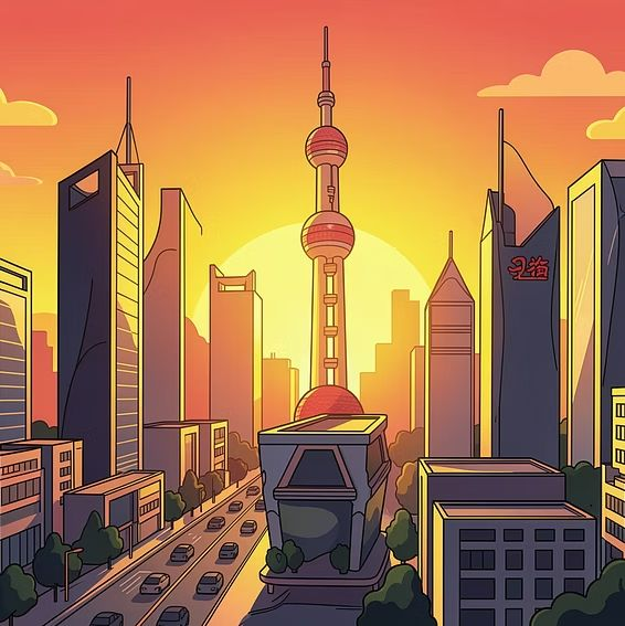 Illustrated skyline of a Chinese city